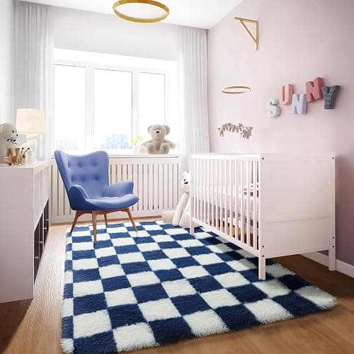 KICMOR Navy Blue and Cream White Rugs for Living Room, 4x6 Fluffy Fuzzy Shag Checkered Rug Shaggy Carpet for Bedroom, Soft Plush Area Rug for Nursery Toddler Room Classroom Study Room Kids Room thumbnail 5