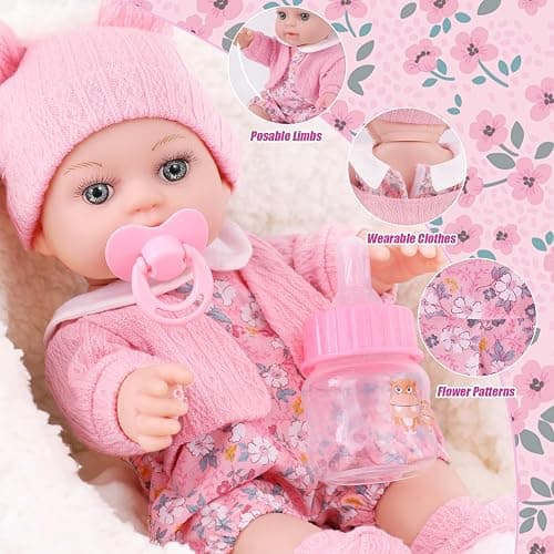 DOTVOSY 12" Baby Doll Set with Clothes and Baby Carrier for Dolls Reborn Baby Doll Accessories Include Feeding Bottles Nipple Toy Stuffs for Kids Age 3+ thumbnail 5