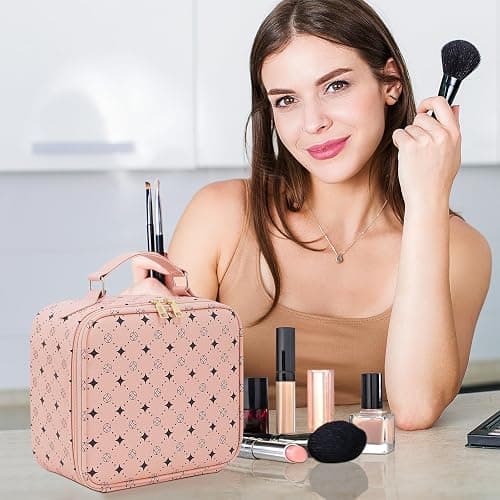 Travel Makeup Bag With 360° rotating LED Mirror,Waterproof cosmetic organizer,Portability Cosmetic case,Makeup organizer,Gift for Women,Girls Gift (Pink) thumbnail 8