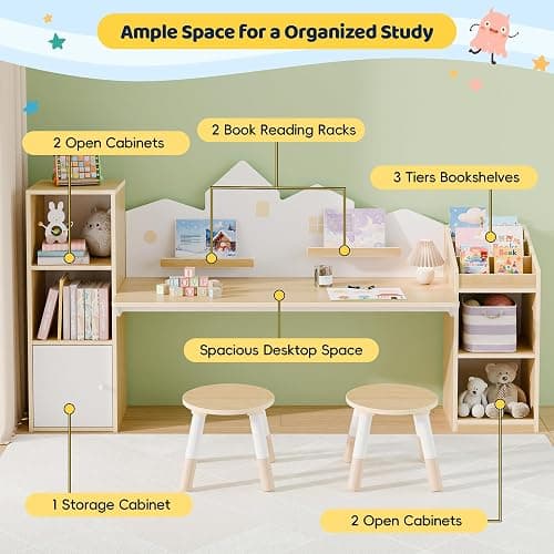 Xilingol Kids Desk with Bookshelves and 2 Stools, Wooden Kids Desk and Chair Set with 5 Storage Cabinets, Children Writing Drawing Table, Student Kid Study Table for Ages 3-8, Boys, Girls, House Shape thumbnail 6