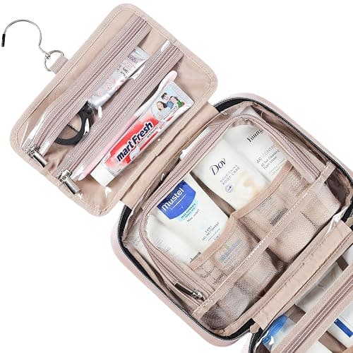 NISHEL Travel Toiletry Bag for women, Portable Hanging Organizer for Travel-Sized Shampoo, Conditioner, Brushes Set, makeup Accessories, Medium Size, Pink - Medium - Pink thumbnail 4