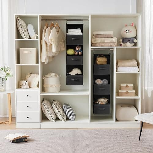 MAX Houser 6 Tier Foldable Hanging Closet Organizer with Hooks, Black-D3 | foldable lightweight fabric closet storage with 3 Drawers, space-saving design for Bedroom, Closet Hanging Shelf for Storage thumbnail 4