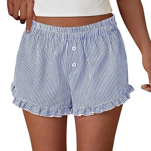 PRETTYGARDEN Womens Boxer Shorts Y2K Ruffle Pajama 2026 Summer Spring Lounge Sleep Striped Casual Beach Pj Bottoms Pockets - Image 1
