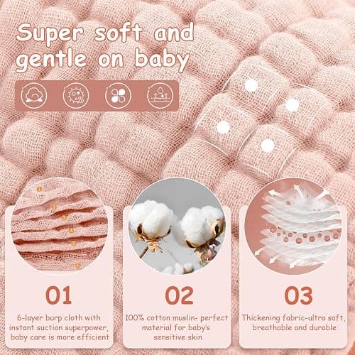 Looxii Muslin Burp Cloths Baby Girl 6 Pack - 20" x 10" - Ultra Soft & Absorbent, 6-Layer 100% Cotton for Spit Up & Drool- Gentle Baby Burping Cloth, Newborn Essentials Shower Gift Girl, Gradient Pink thumbnail 4