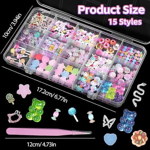 3D Mix Nail Charms Kit, Lollipop Nail Art Charms, Color Cute Gummy Bear Donut Star Heart Acrylic Nail Charm, Alloy Cross Star Butterfly Snake Crown Nail Gems Rhinestones Charms DIY Crafts Decor thumbnail 4