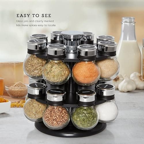Kamenstein 16 Jar Ellington Revolving Countertop Spice Rack with Lift & Pour Caps and Spices Included, FREE Spice Refills for 5 Years: Black and Chrome thumbnail 2