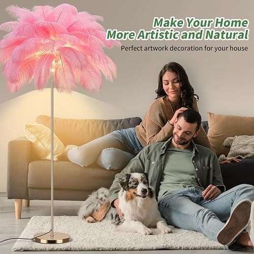 Fivemengo Feather Floor Lamp for Living Room, Fluffy Ostrich Feathers Lamp, Rose Gold Color Body, 3 Color Temperatures Modern Funky Arc Tall Standing Lamp for Bedroom Inclued Bright LED Bulbs (Pink) thumbnail 3
