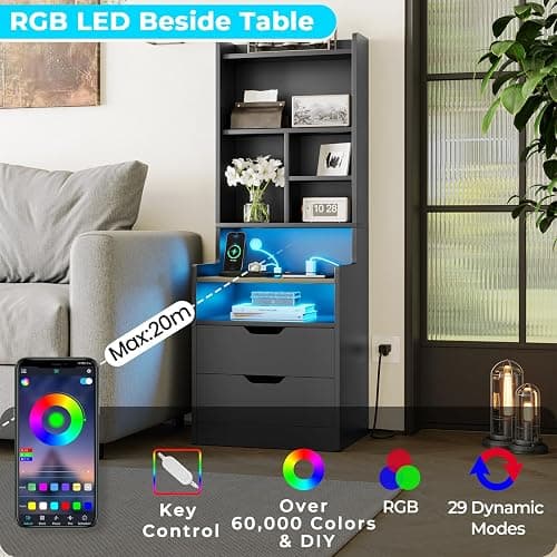 ADORNEVE Tall Night Stand with Charging Station and LED Lights,Nightstand with Bookshelf,Bedside Table with Drawers & Power Outlets,End Side Table for Bedrooms (Black) thumbnail 5