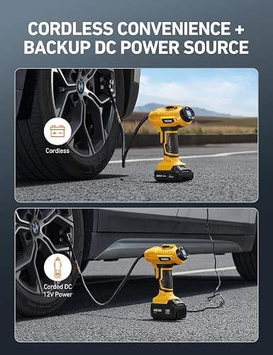 AstroAI Cordless Tire Inflator Air Compressor 20V Rechargeable Battery Powered 160PSI Portable Air Pump with 12V Car Power Adapter Digital Pressure Gauge for Cars Motorcycles JY16P160-18（C2）Yellow thumbnail 4