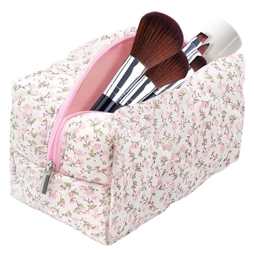 dark swan Cotton Quilted Makeup Bag, Cute Pouch Toiletry Bag Cosmetic Bag Quilted Floral Organizer Bag Travel Coquette Aesthetic Portable Storage Zipper Purse for Women (Pink) - Image 1