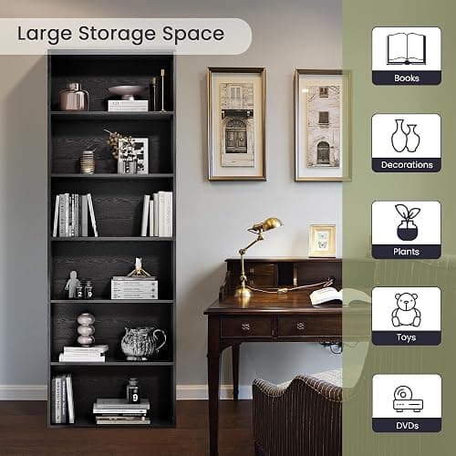 GRUSIGN 71" Tall 6-Tier Bookshelf, Large Open Display Bookcase with Ample Storage, Floor Standing Book Shelf for Living Room, Home Office, Bed Room, Black thumbnail 9