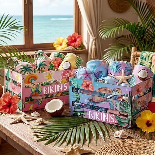 Yinkin 2 Pcs Hawaiian Bikini Wooden Crate, 11.6" x 6.3" x 7.9" Summer Tropical Beach Bikini Storage Box Palm Tree Hibiscus Wood Crates Unassembled Summer Party Supply for Beach Tropical Party Decor thumbnail 7
