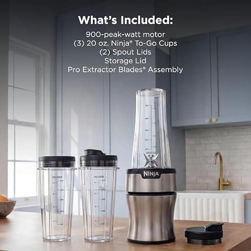 Ninja Nutri-Plus Personal Blender, 900PW, (3) 20oz Cups, Silver, BN301 | 900-peak-watt push-to-blend motor for smoothies & sauces. (3) 20-oz cups, 2 spout lids & storage lid. Dishwasher safe. thumbnail 8