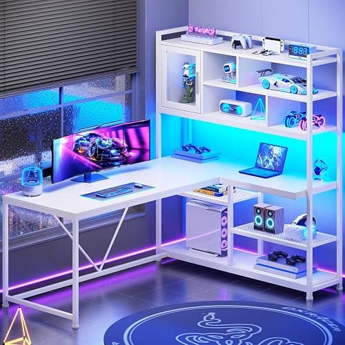 SEDETA L Shaped Computer Desk, 58'' Office Desk with LED Light and Bookshelf, L Shaped Corner Desk with Storage Shelves for Home Office, Gaming Desk, L Desk, White thumbnail 8