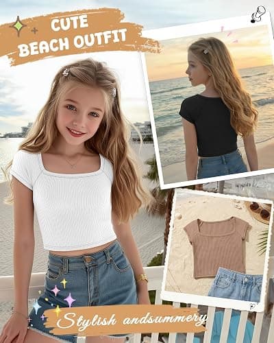LessonZoo 4 Pack Girls Crop Tops Ribbed T Shirts | Back to School, Short Sleeve, Square Neck, Soft, Basic, Slim Fitted, Cute, Casual Tees, Teen, Youth, Ages 5-14 thumbnail 3
