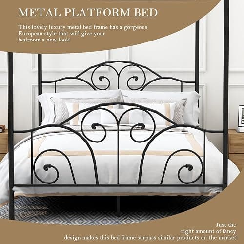 AUFANK Queen Size Four-Poster Metal Canopy Bed Frame with Headboard and Footboard Sturdy Slatted Structure No Box Spring Needed Black thumbnail 5