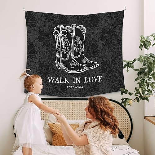 WAITPI Christian Western Cowgirl Boots Bow Hanging Wall Tapestry for Girly Room Bedroom Decor, Black Walk in Love Trendy Walls Tapestry, Floral Wall Hanging for Teen Girls Dorm Y2k Room Decor 50x60in thumbnail 3