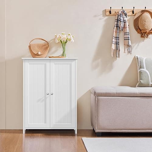 Yaheetech Bathroom Floor Cabinet, Modern Storage Freestanding Organizer Cabinet with Adjustable Shelves & Double Doors, 3-Tier Home Living Room Furniture, White thumbnail 4