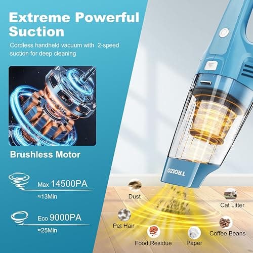 TROIZO Handheld Vacuum Cordless, 14500PA Powerful Suction Hand Held Vacuum Cleaner with Brushless Motor, Rechargeable and Portable Car Vacuum for Home Office Car Pet thumbnail 2