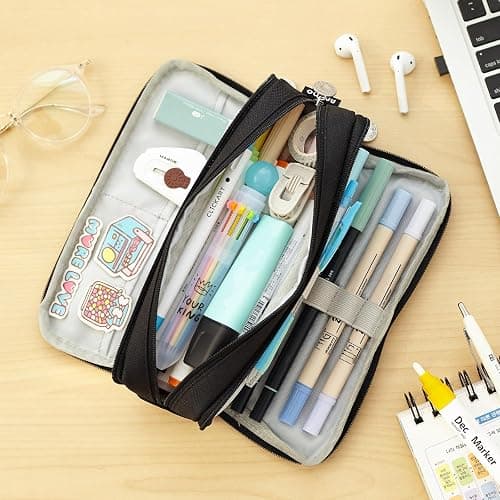 CICIMELON Large Capacity Pencil Case 3 Compartment Pouch Pen Bag for School Teen Girl Boy Men Women (Black) thumbnail 6