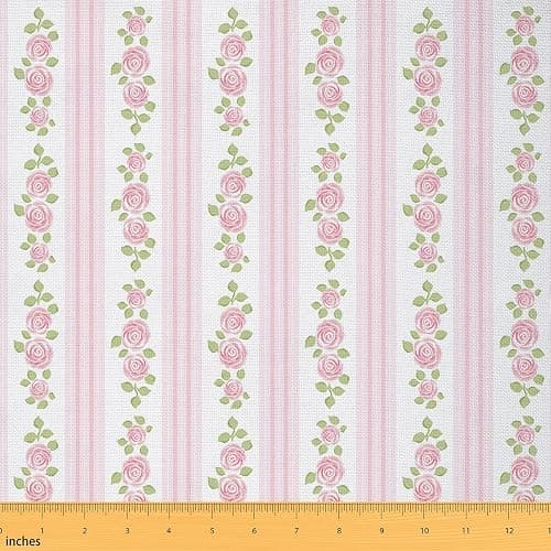 Rose Fabric by The Yard, Floral Pattern Upholstery Fabric, Geometric Strip Lines Material by The Yard, Romantic Valenties Waterproof Fabric for DIY Art Craft Patchwork, Pink, 2 Yards - Image 1