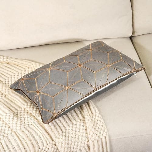 Aeckself Gray Gold Velvet Lumbar Throw Pillow Cover 12 x 20 Inch, Embroidery Rectangle Modern Plaid Accent Pillow Cover with Stitched Edge Decorative Oblong Cushion Case for Couch Living Room Bedroom thumbnail 3