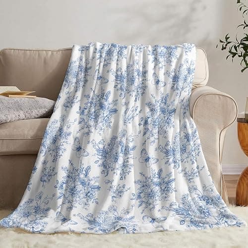 Blue and White Floral Throw Blanket, Fuzzy Soft Cozy Flannel Blanket for Home Bed Sofa Couch Chair, Decorative 50 x 60 Inch Blanket - Image 1