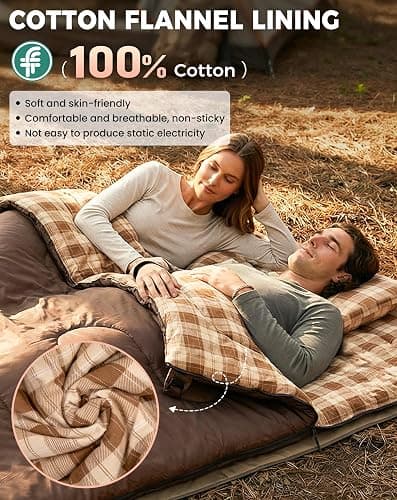 KingCamp Double Sleeping Bag for Adults, Queen Size 2 Person Sleeping Bag | XXL 100% Cotton Flannel Waterproof,Lightweight,Includes 2 Pillows Sleeping Bag,Perfect for Couples Family Camping Hiking thumbnail 3