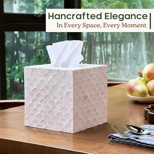 CHI AN HOME 5.8” Capiz Tissue Box Cover, Square Decorative Tissue Holder with Bottom Slider, Handmade Bathroom Accessories, Elegant White Cube for Vanity, Bedroom, Office & Coastal Décor (Natural) thumbnail 6