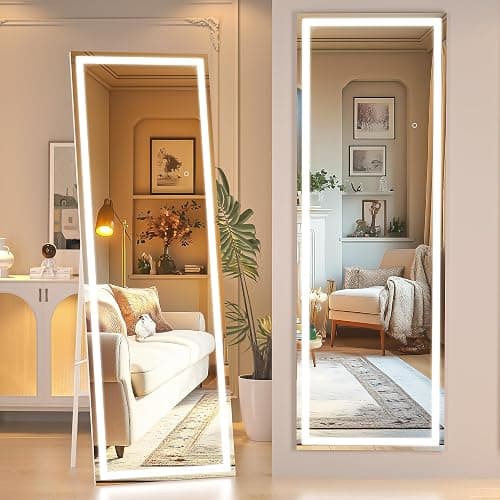Hasipu Full Length Mirror with Lights, 56" x 15.8" LED Floor Mirror, Full Body Dressing Standing, Hanging Mounted Mirror for Living Room Bedroom Cloakroom, Square White - Image 1