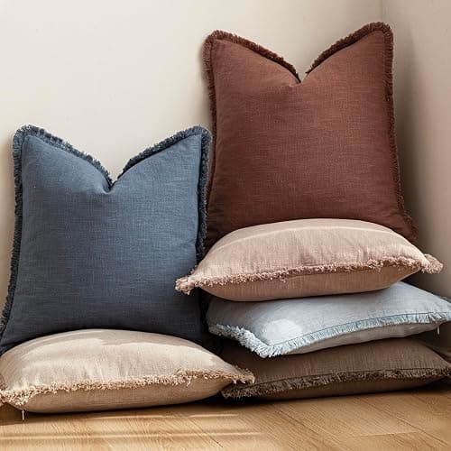 Foindtower Set of 2 Decorative Linen Fringe Throw Pillow Covers Boho Farmhouse Cushion Cover with Tassels Accent Pillowcase for Couch Chair Sofa Bed Living Room Home Decor,22×22 Inch,Rust Red thumbnail 6