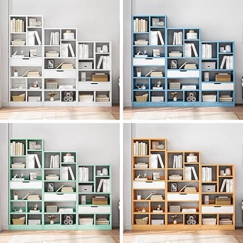 IOTXY Wooden Open Shelf Bookcase - 61" Height Free Standing Display Storage Cabinet Organizer with 8 Cubes and a Drawer, Floorstanding Bookshelf, Warm White thumbnail 7