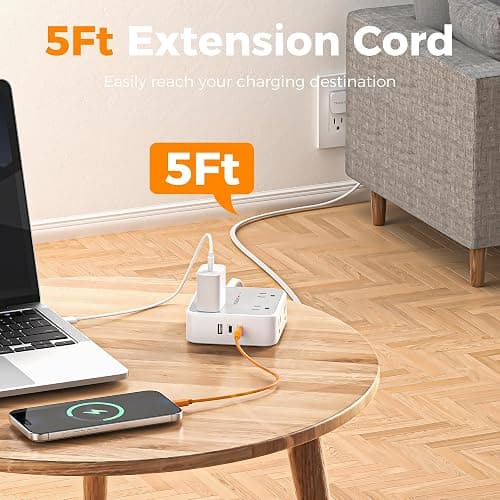 TESSAN Surge Protector Power Strip, 5 Ft Flat Plug Extension Cord with 3 USB (2 USB C) 8 Outlets, 1250W, 900J Protection, 3 Sided Outlet Extender with Power Switch for Office, Dorm Room, Grey thumbnail 5