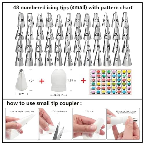 YOQXHY 130 Pcs Piping Bags and Tips Set with 48 Numbered Icing Tips,7 Russian Tips,1 Ball Tip,2 Leaf Tips,Pattern Chart,8 Carved Pens,4 Couplers,6 Ties,50 Disposable Pastry Bags for Cake Decorating thumbnail 2