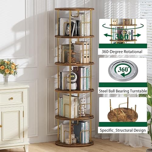 5Tier Rotating Bookshelf, 360 ° Display Stackable Spinning Bookshelf Tower,Round Space Saving Tall Floor Standing Swivel Bookcase Corner Storage Organizer for Bedroom/Living Room/Office，Gold thumbnail 4