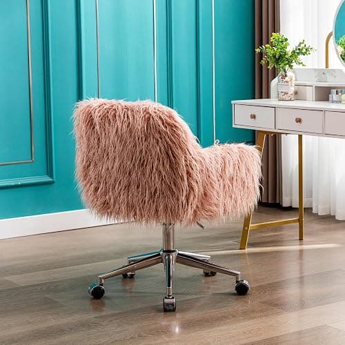 KCC Fluffy Office Desk Chair, Faux Fur Modern Swivel Armchair with Wheels, Soft Comfy Fuzzy Elegant Accent Makeup Vanity Chairs for Women Girls, Home Living Dressing Room Bedroom, Pink thumbnail 7