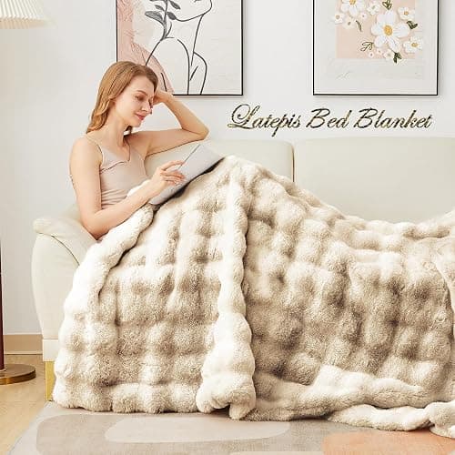 Latepis Soft Luxury Faux Fur Bubble Blanket, Thick Warm Cozy Throw Blanket for Couch, Plush Fluffy Blanket for Sofa and Bedroom Women Gift, 50” x 60”, Tie-dye Camel, 860GSM thumbnail 3