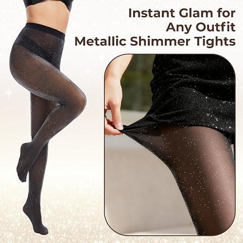 Pularlegs Women's Sparkly Metallic Shimmer Tights - 20D Glitter Pantyhose, 2 Pairs (Black/Gold & Black/Silver) thumbnail 3