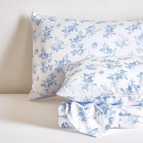 Wake In Cloud - Shabby Chic Bed Sheets, 4-Piece Sheet Set, Floral Botanical Coquette Cottagecore Vintage Flower, Soft Microfiber Deep Pocket Bedding, Light Blue, Queen Size thumbnail 8