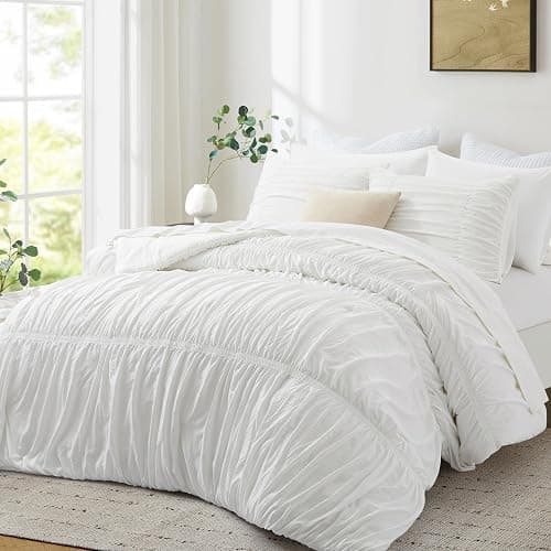 Oli Anderson Wavy Ruched Comforter Set King Size, White, 5 Pieces | Vintage Boho Shabby Chic Farmhouse Rustic Bedding Set, Fluffy Texture, Elastic Design, All Season Bedroom Decor thumbnail 2