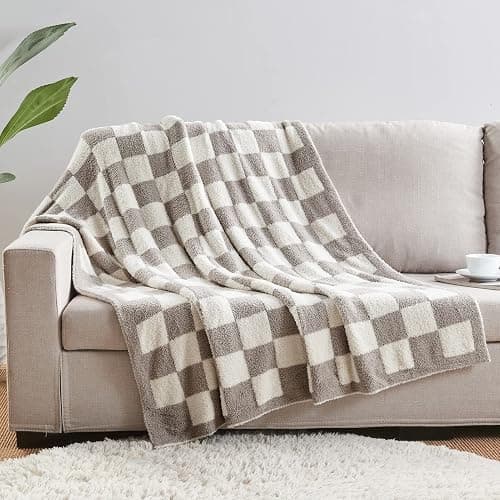 CozeCube Super Soft Fullfy Microfiber Reversible Knitted Blankets, Warm Cozy Fuzzy Plush Throw, Grey and White Checkered Throw Blanket for Couch Bed Sofa, 60" x 80" thumbnail 6