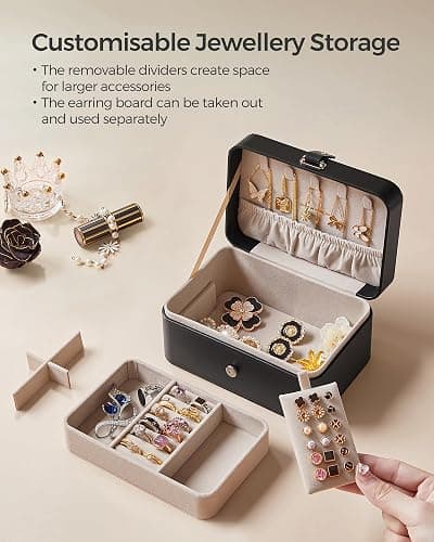 SONGMICS Jewellery Box, 2-Layer Jewellery Storage, 11 x 16 x 8 cm Travel Jewellery Box, Portable Jewellery Case, Small, Spacious, for Larger Accessories, Gift Idea, Ink Black JBC166B01 thumbnail 6