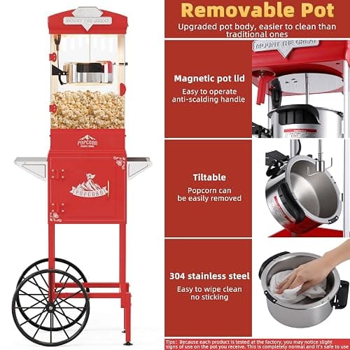 HUGROVE 10oz Popcorn Machine with Cart, 480W Vintage Popcorn Maker for Home Cinema, Professional Stainless Steel Kettle, One-Touch Operation Popper for Game Day (Light Red) (Light Red) thumbnail 7