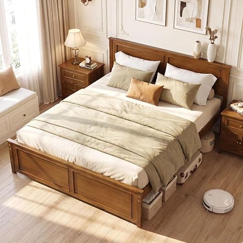 Giantex Wood Queen Size Bed Frame with Headboard, Farmhouse Solid Platform Bed w/Wooden Slat Support Mattress Foundation, Under-Bed Storage, No Box Spring Needed, Walnut thumbnail 3