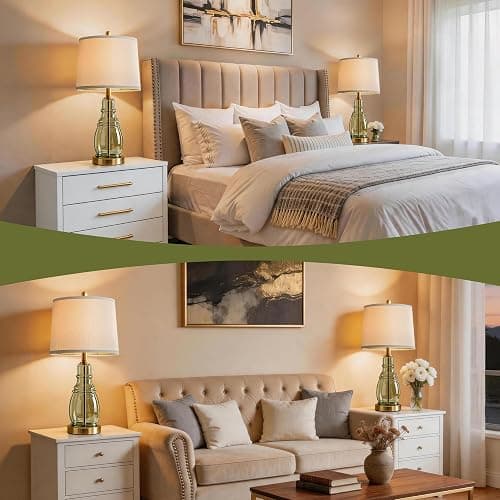 ROTTOGOON Glass Table Lamp Set of 2, Modern Table Lamps for Living Room Bedroom, Bedside Desk Lamps Vintage Nightstand Lamps with Linen Shades, 22", Green thumbnail 6