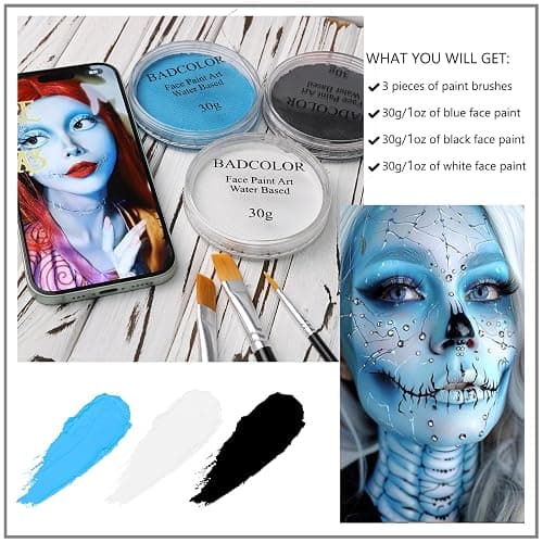 White Black & Light Blue Sally Makeup Face Body Paint, Corpse Bride Face Painting Kit with Painting Brushes for Halloween, Water Based Face Paints for Smurf Avatar Mermaid & Demon SFX Costume Make-Up thumbnail 2