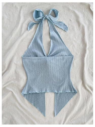 SHENHE Women's Twist Front Tie Halter Neck Split Hem Backless Summer Going Out Crop Top thumbnail 3