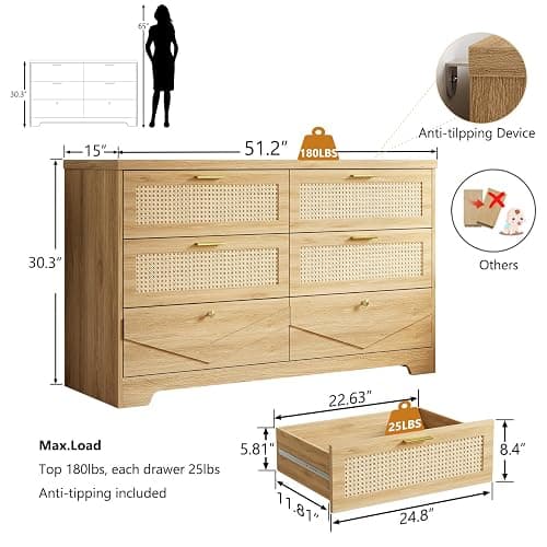 IBF Rattan Dresser for Bedroom, Wood Boho 6 Drawer Dressers, Large Dresser Chest of Drawers for Closet, Wide Clothes Storage Organizer with Deep Drawers for Living Room and Hallway, 51.2 Inch, Oak thumbnail 2
