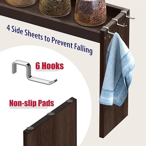 IIIOIIIA Bamboo Over the Stove Spice Rack Organizer Shelf for Kitchen, 31.5" with 6 Hooks, 11.4" Height Extra Storage Countertop, Easy to Assemble, Walnut thumbnail 7