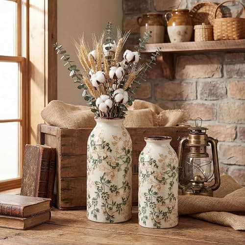 Ninehaoou 2 Pcs Vintage Ceramic Flower Vase Chinoiserie Antique Floral Vase Rustic Boho Farmhouse Decor for Home Table Bookshelf Aesthetic Centerpiece Gift(Vintage Green) thumbnail 5